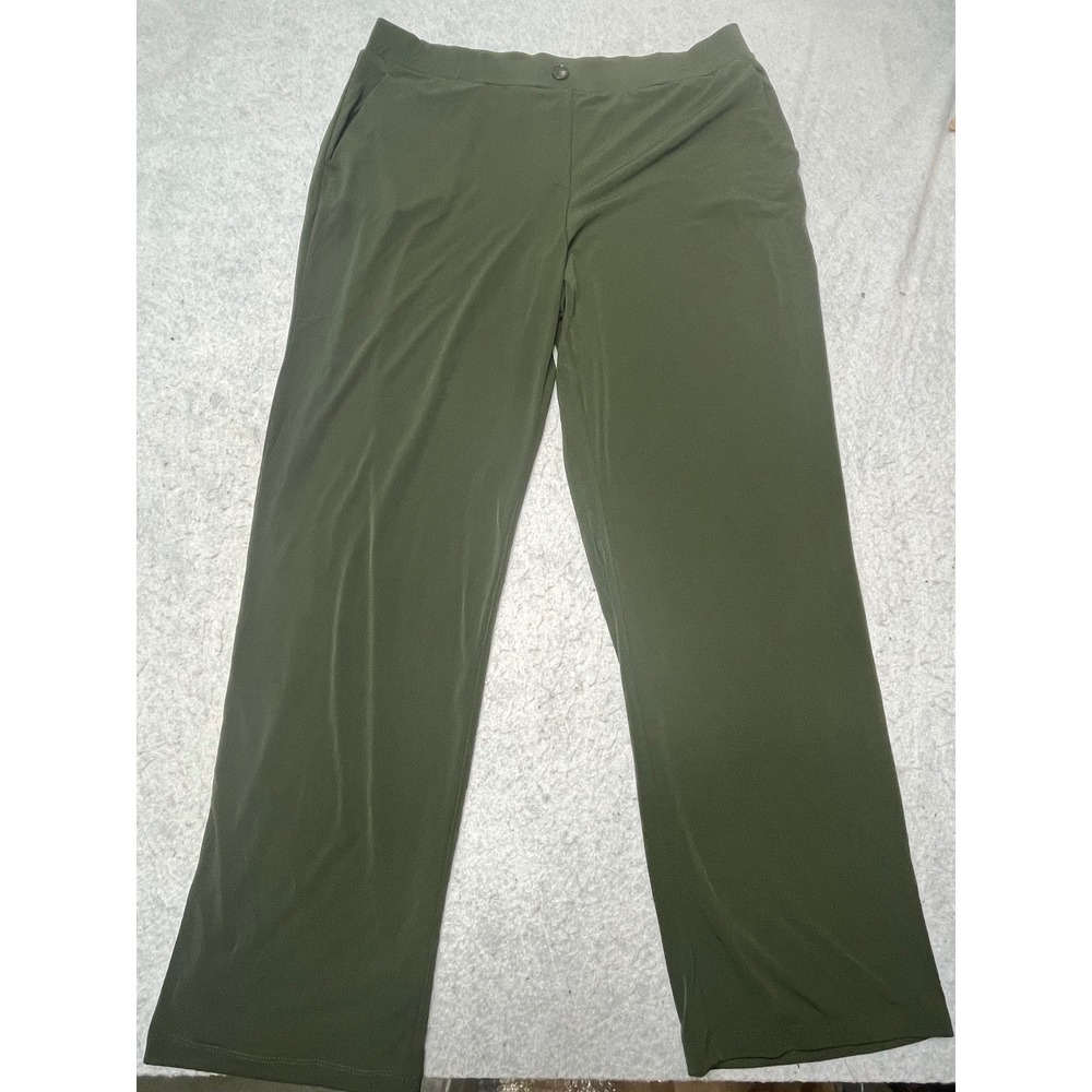 Susan Graver Liquid Knit Wide Leg Pants Olive Green Womens Large Pockets Elastic